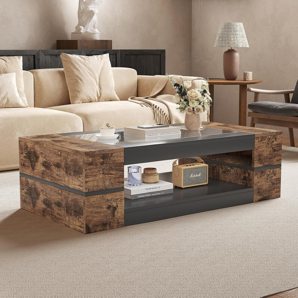 HedoAjim 47.2' Modern Stylish Coffee Table with Glass Table Top, Large Living Room Table Rectangular 2-Tier Center Tables with Storage, Wood Cocktail Tea Tables for Dining Reception Room (Rustic)