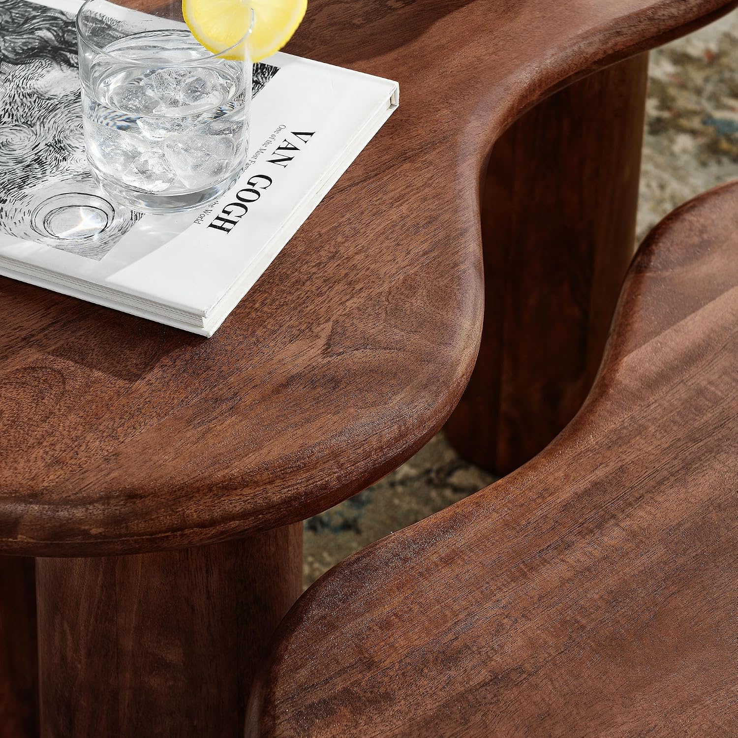 Modway Hackney Mango Wood Nesting Coffee Table Set in Walnut - 2 Piece Kidney-Shaped Wood Coffee Table for Living Room