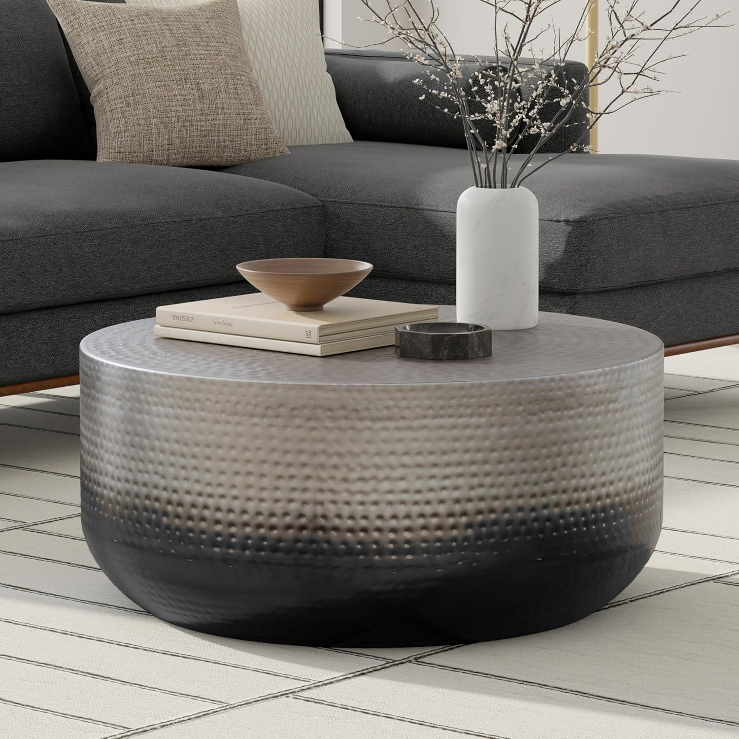 SIMPLIHOME Nova Drum Coffee Table - 36 inch Wide Metal Accent Table in Silver Ombre, Contemporary Living Room Table with Powder-Coated Finish and Floor Protectors, Assembled