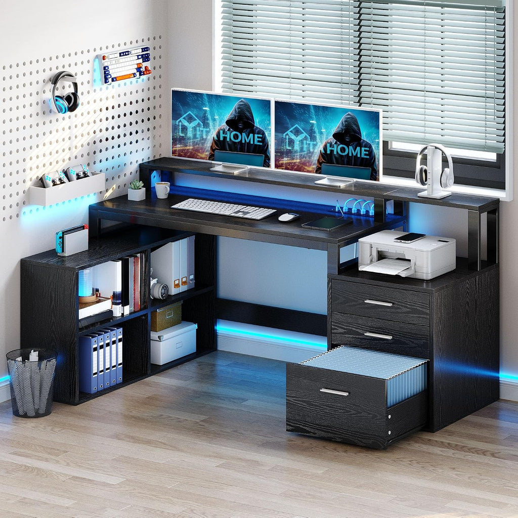 YITAHOME L Shaped Desk with 3 Drawers, 65' Corner Computer Desk with Power Outlets & LED Lights, L-Shaped Desk with File Cabinet & Printer Stand for Home Office, Black