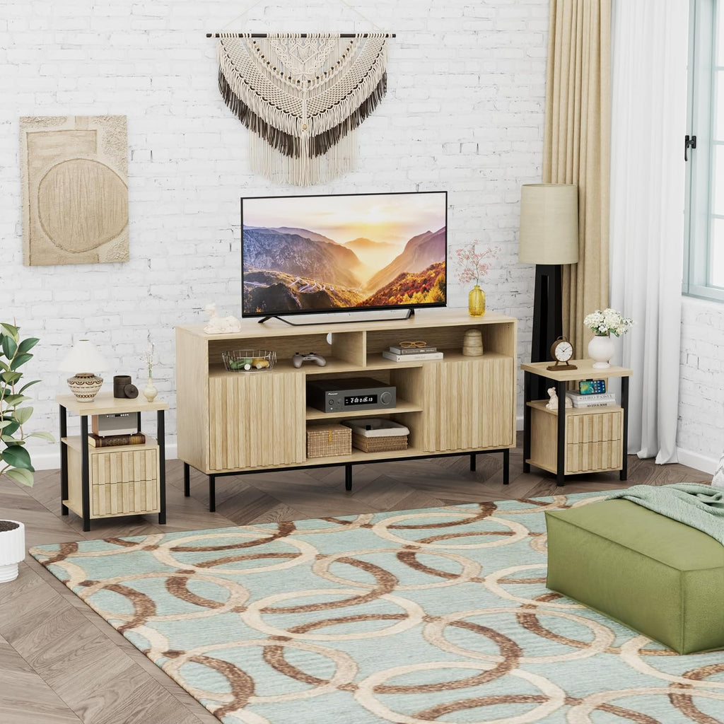 UEV Mid Century Modern 3-Piece Living Room Set,TV Stand Cabinet and 2 End Tables Set,Nightstand Set of 2, Wood Fluted TV Stand Sofa Side Table with 2 Drawers and Open Shelf for Living Room,Ivory White