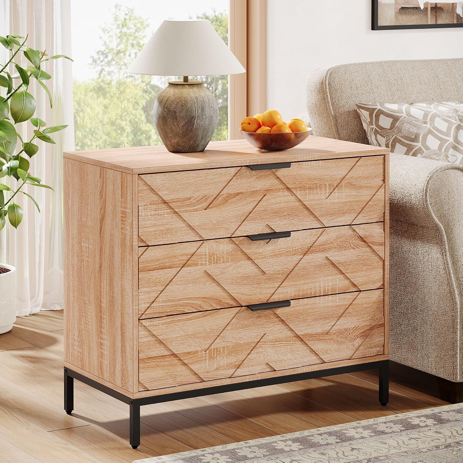 Tribesigns Wooden Nightstand with 3 Drawers, 31' Wide Night Stand with Metal Legs, Modern Large Bedside End Table for Bedroom, Living Room