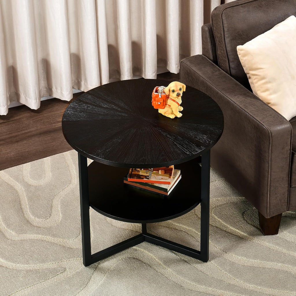 Large Round End Table with Storage Shelf, Rustic Circular Sofa Side Black Metal Legs, Solid Wood Nightstand, Telephone for Living Room, Bedroom, 25.2''D x 24''H Brushed CJZ1338BK