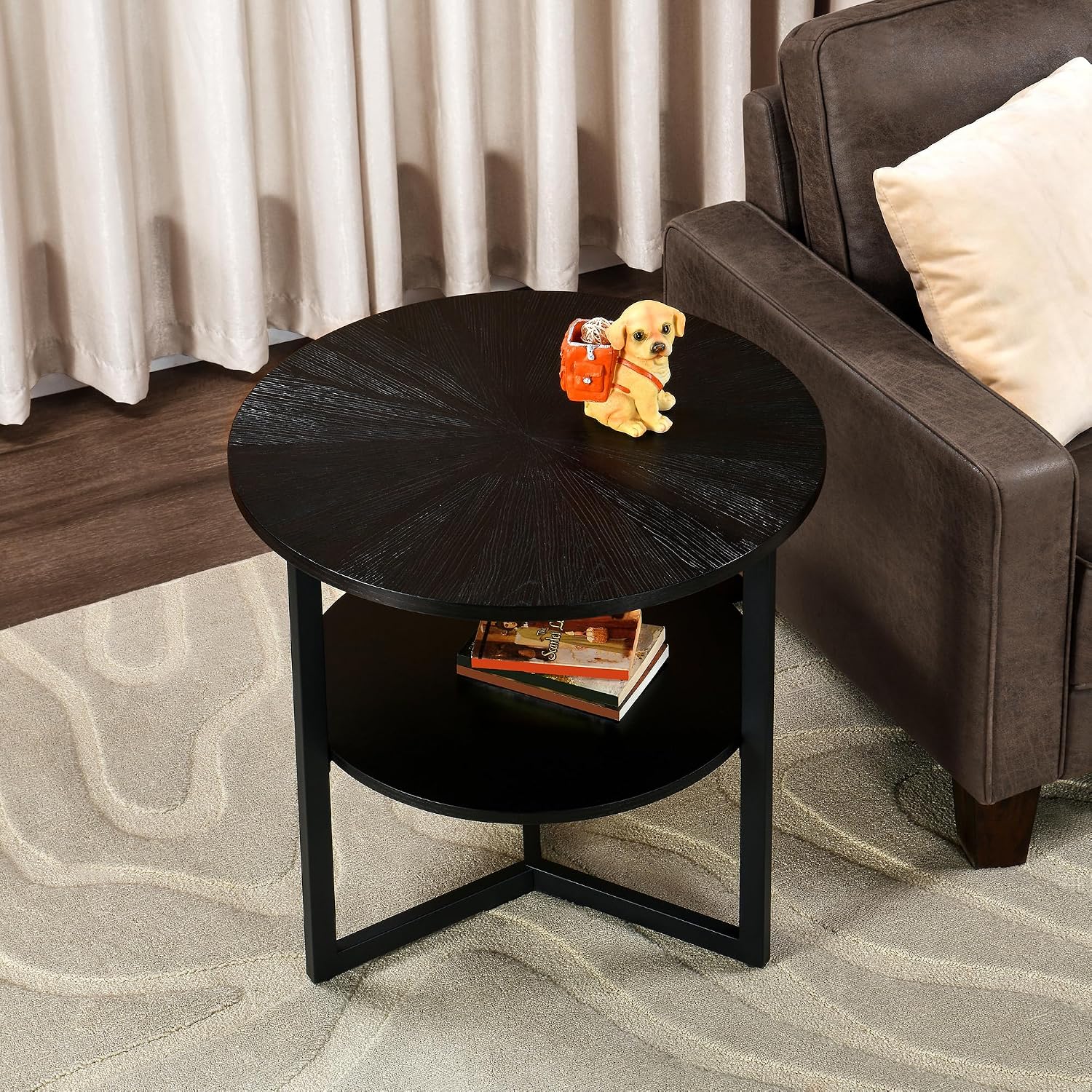 Large Round End Table with Storage Shelf, Rustic Circular Sofa Side Black Metal Legs, Solid Wood Nightstand, Telephone for Living Room, Bedroom, 25.2''D x 24''H Brushed CJZ1338BK