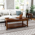 Living Room Tables Set of 3- One Coffee Table and Two End Table with Carved Tabletop and Leg, Mid-Century Sofa Beside Table and Center Table with Carved Legs, Easy Assembly, Cherry Brown KFZ-CJZ-DR200