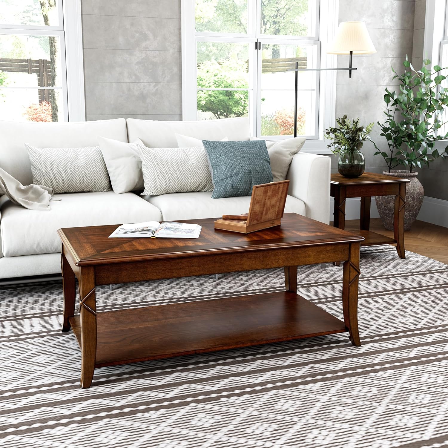 Living Room Tables Set of 3- One Coffee Table and Two End Table with Carved Tabletop and Leg, Mid-Century Sofa Beside Table and Center Table with Carved Legs, Easy Assembly, Cherry Brown KFZ-CJZ-DR200