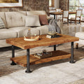 47' Coffee Table, Farmhouse Solid Wood Accent Center Table with 2-Tier Live Edge Shelf & Metal Legs, Rectangular Low Cocktail Tea Furniture for Living Room, Lounge, Brown and Black