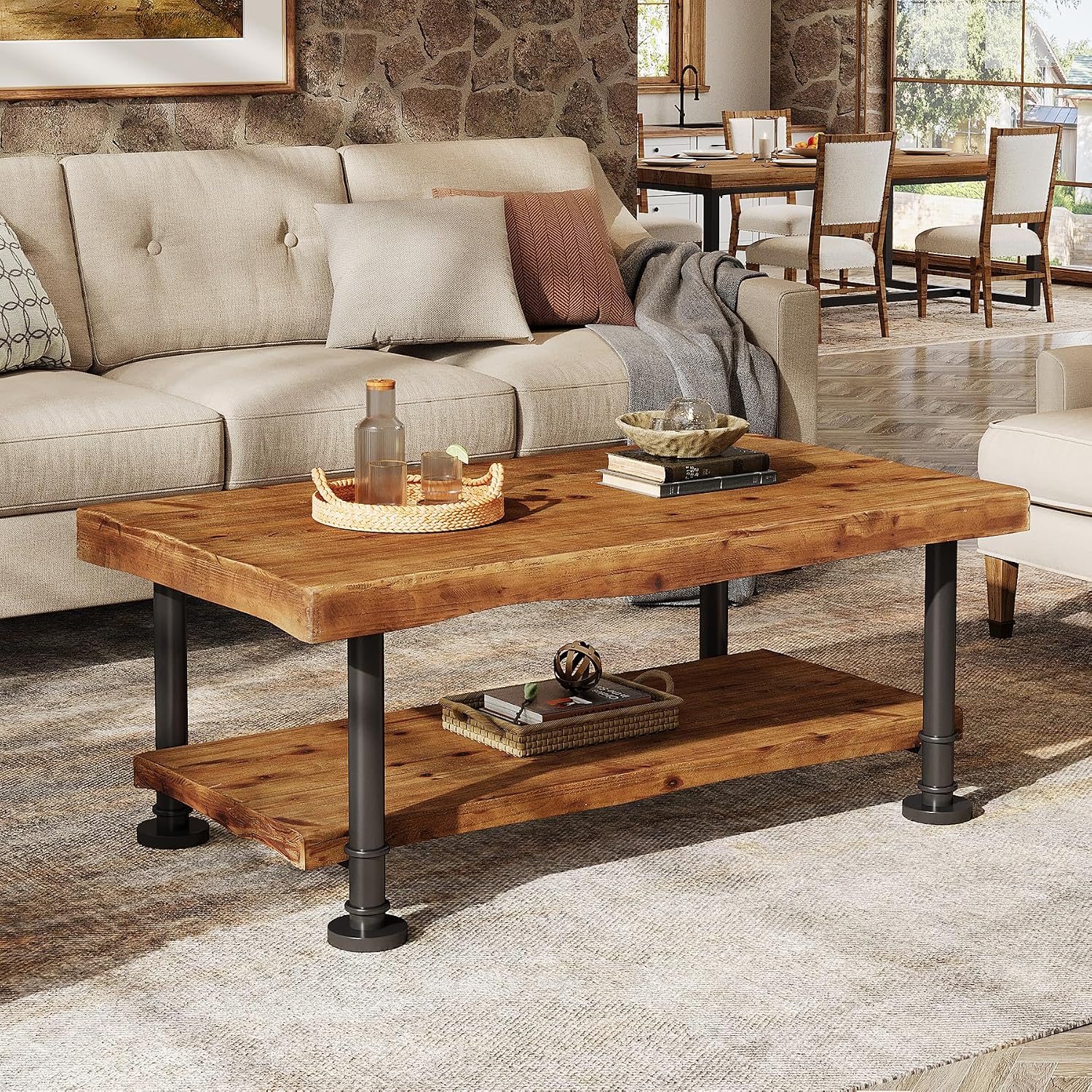 47' Coffee Table, Farmhouse Solid Wood Accent Center Table with 2-Tier Live Edge Shelf & Metal Legs, Rectangular Low Cocktail Tea Furniture for Living Room, Lounge, Brown and Black