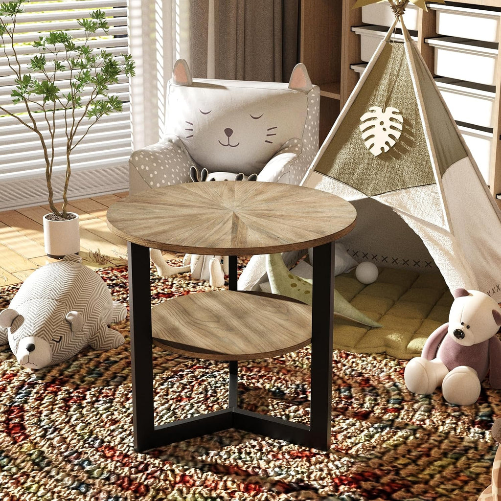 Round Large End Table with 2 tire Storage Shelf, 25.2' Solid Wood Sofa Side Table with Black Metal Frame, Beside Table for Living Room,Small Space Rustic Natural CJZ1338