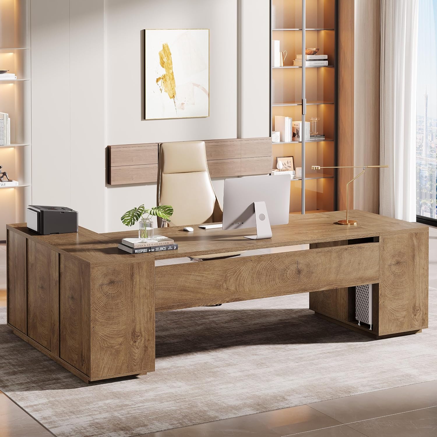 Tribesigns 85.8-Inch L-Shaped Executive Desk, Extra Large Modern Office Desk with File Drawers, Door Cabinet & Shelves, Commercial Office Table, Home Business Workstation, Natural Oak
