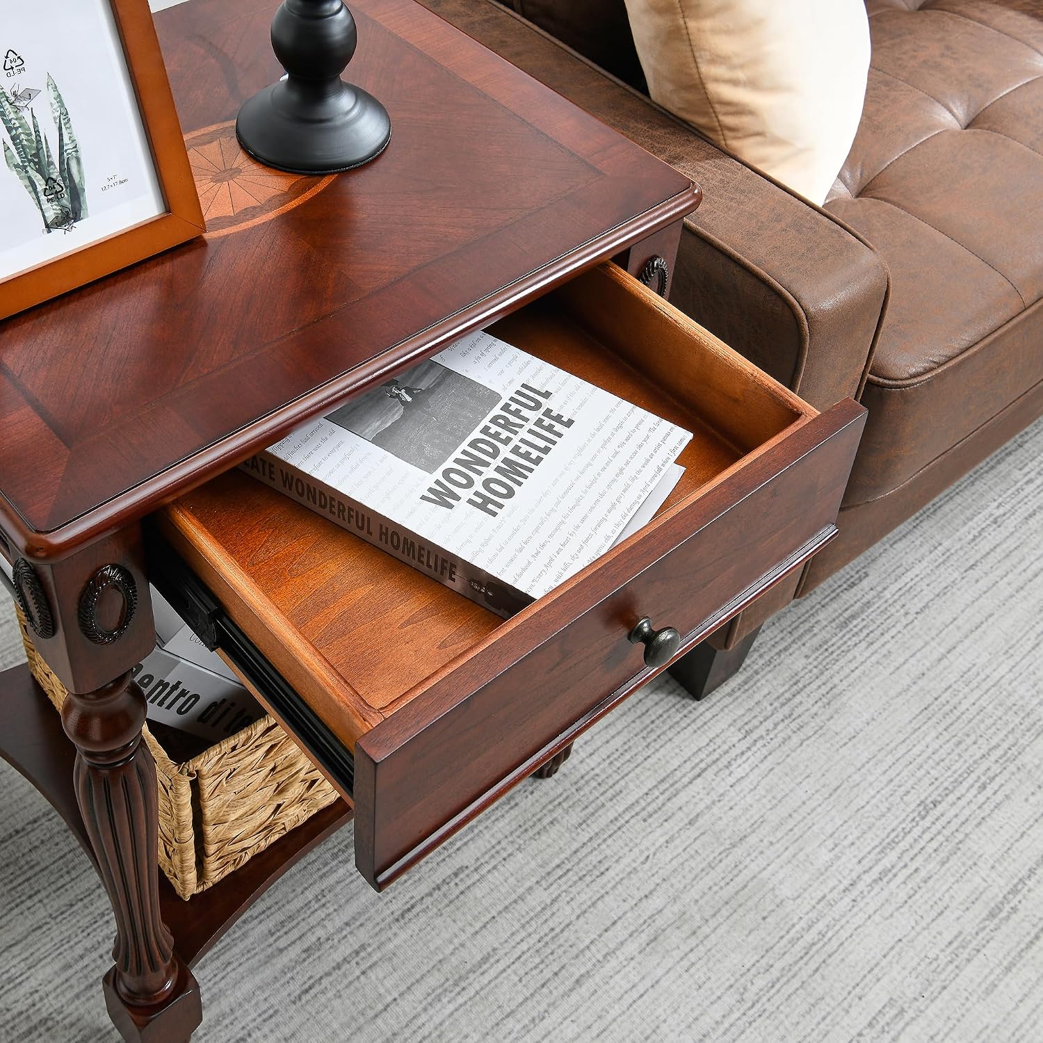 Solid Wood Side Table with Drawer and Storage Shelf, Traditional End Table, Narrow Telephone Nightstand, Carvings Elegant Vintage, for Living Room, Bedroom, Office Cherry Walnut GBJ1533WD