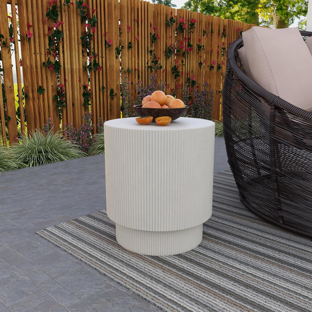 LeisureMod Modern Side Table Round Fiberstone Top Accent End Table for Home, Outdoor Patio, Living Room Sofa, Weather-Resistant, Eden Series in White