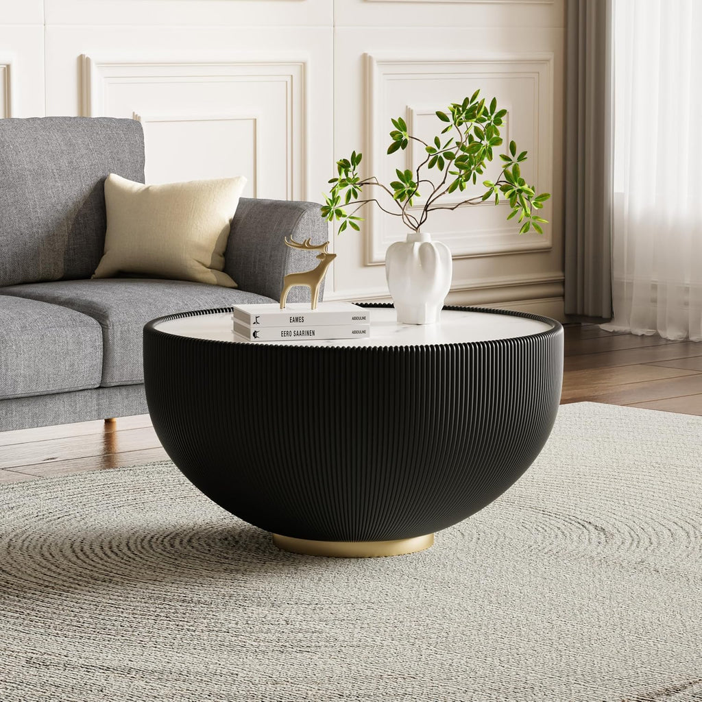 Modern Round Coffee Table Set of 2 Luxury Sintered Stone Top Coffee End Table in Black/White Leatherette Creative Bowl-Shape Small Coffee Side End Tables for Living Room Bedroom