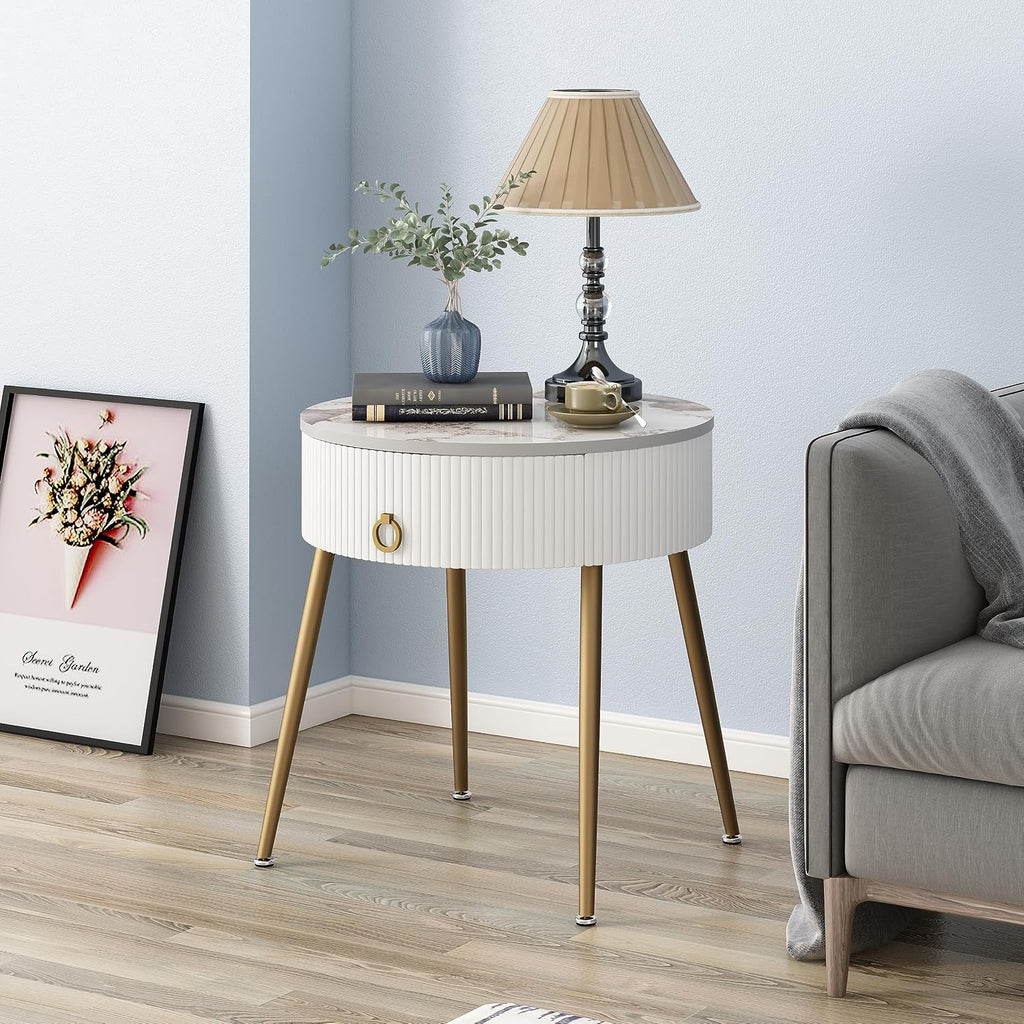OIOG Round Nightstand with Drawer, Modern Side Table with Marbling Natural Stone Tabletop and Metal Legs, Small End Table with Storage for Living Room and Bedroom, Gold