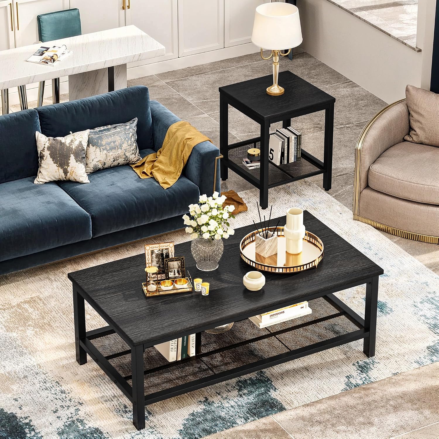 Lamerge 3 Pieces Living Room Table Set, Industrial Coffee Table with 2 Square End Side Tables, Coffee Table Set with Metal Frame for Apartment Home Office, Black