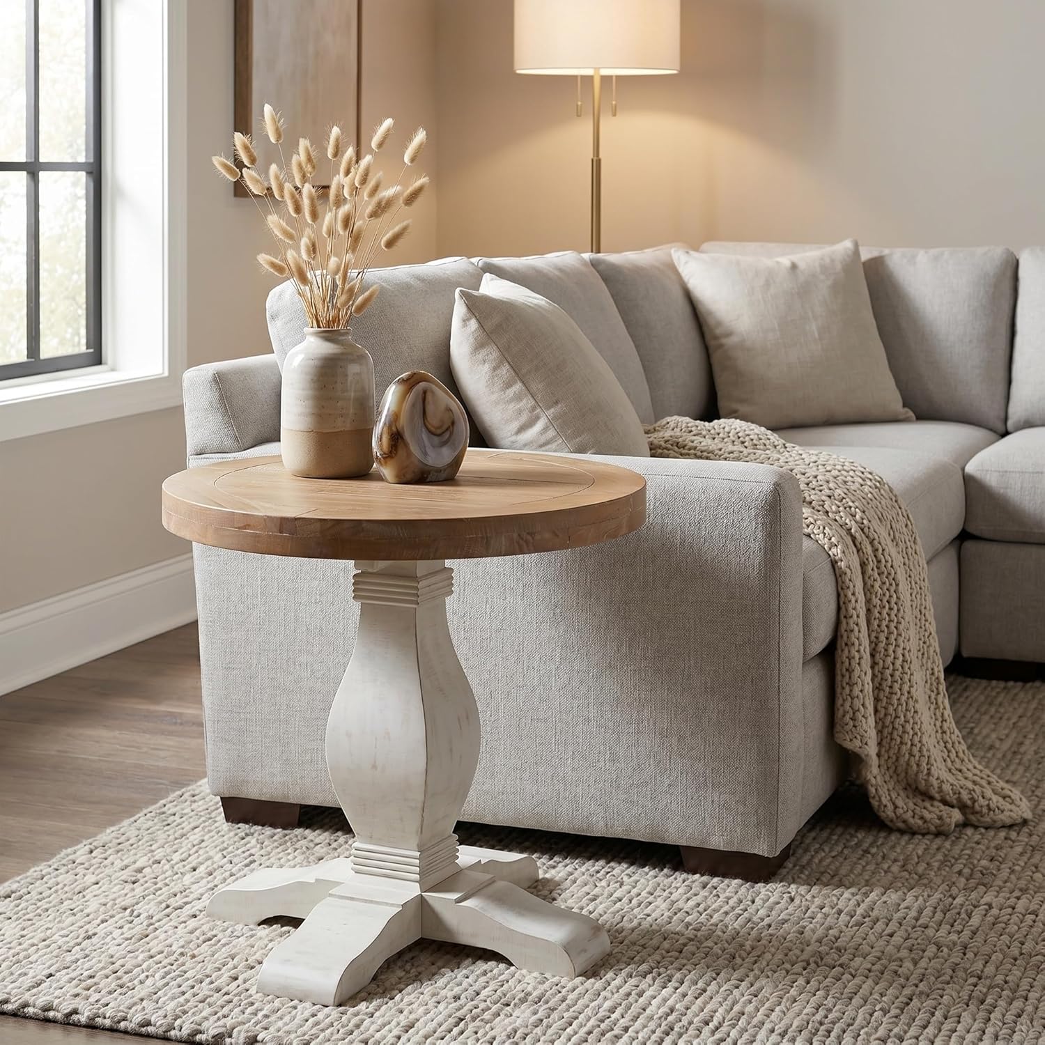 Martin Svensson Home Napa Solid Wood Pedestal End Table, White and Driftwood