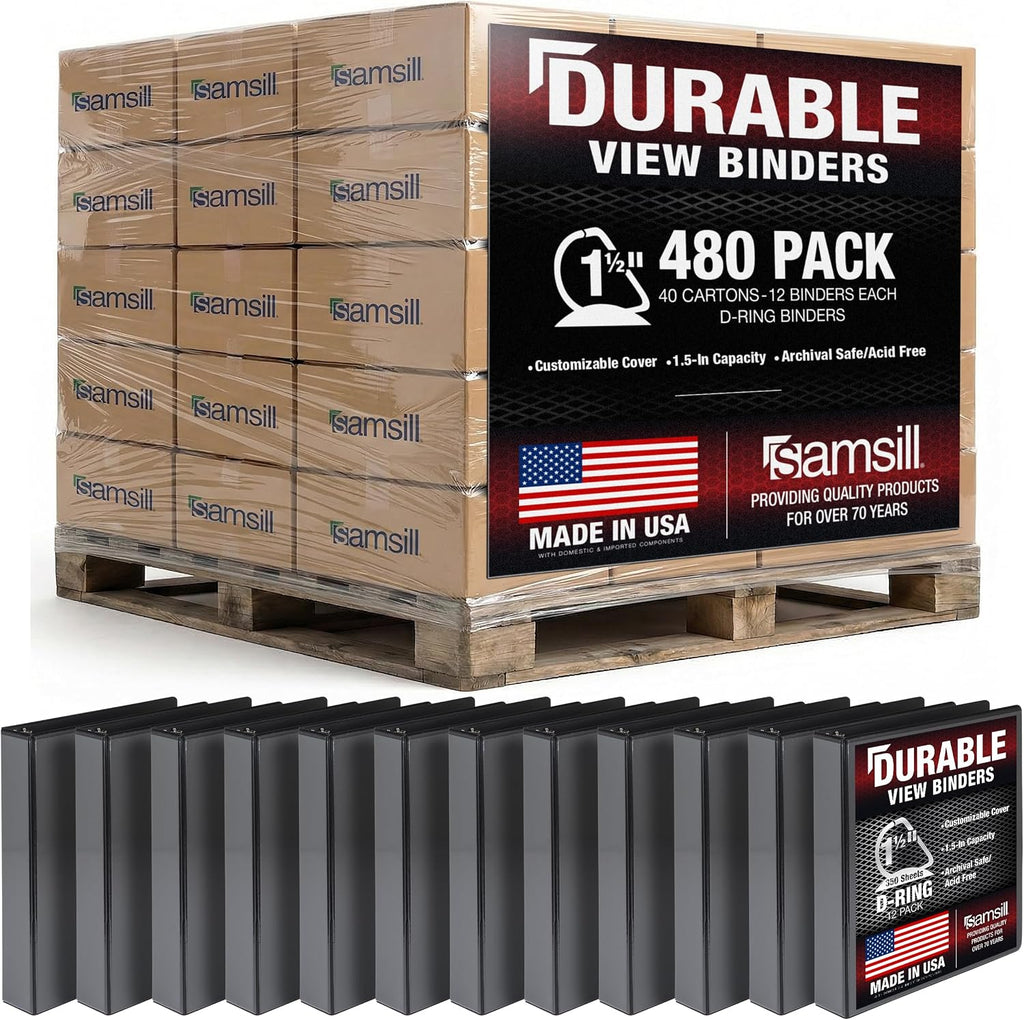 Samsill Durable 1.5 inch 3 Ring Binder, Made in USA, D Ring Binder, 100% Recycled Chipboard, Black, Pallet of 480 Binders in 40 Cartons