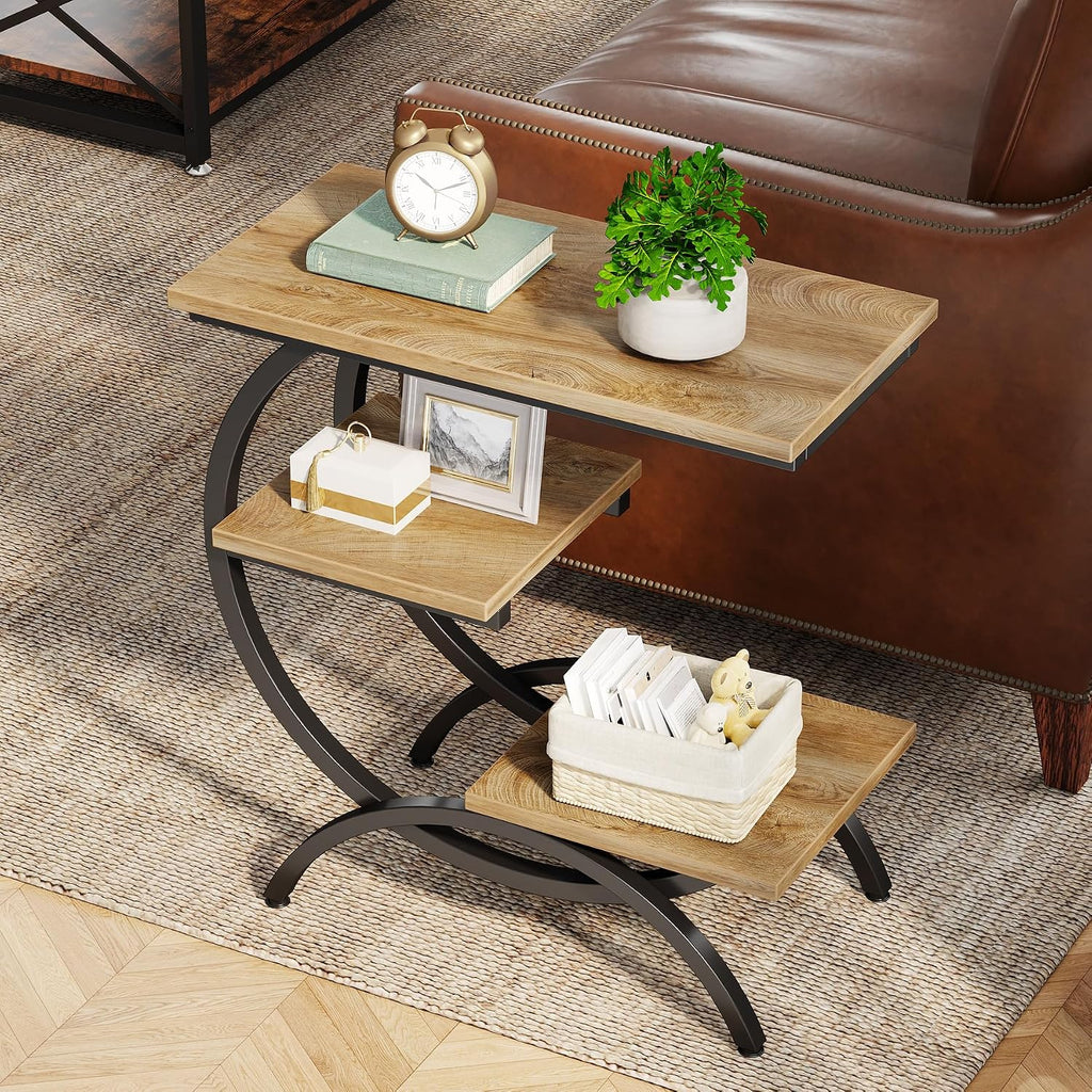 Tribesigns C-Shaped End Table Set of 2, Industrial 3-Tier Small Side Table for Couch, Wood Bedside Table Snack Side Table with Storage Shelves for Living Room Small Space, Light Brown