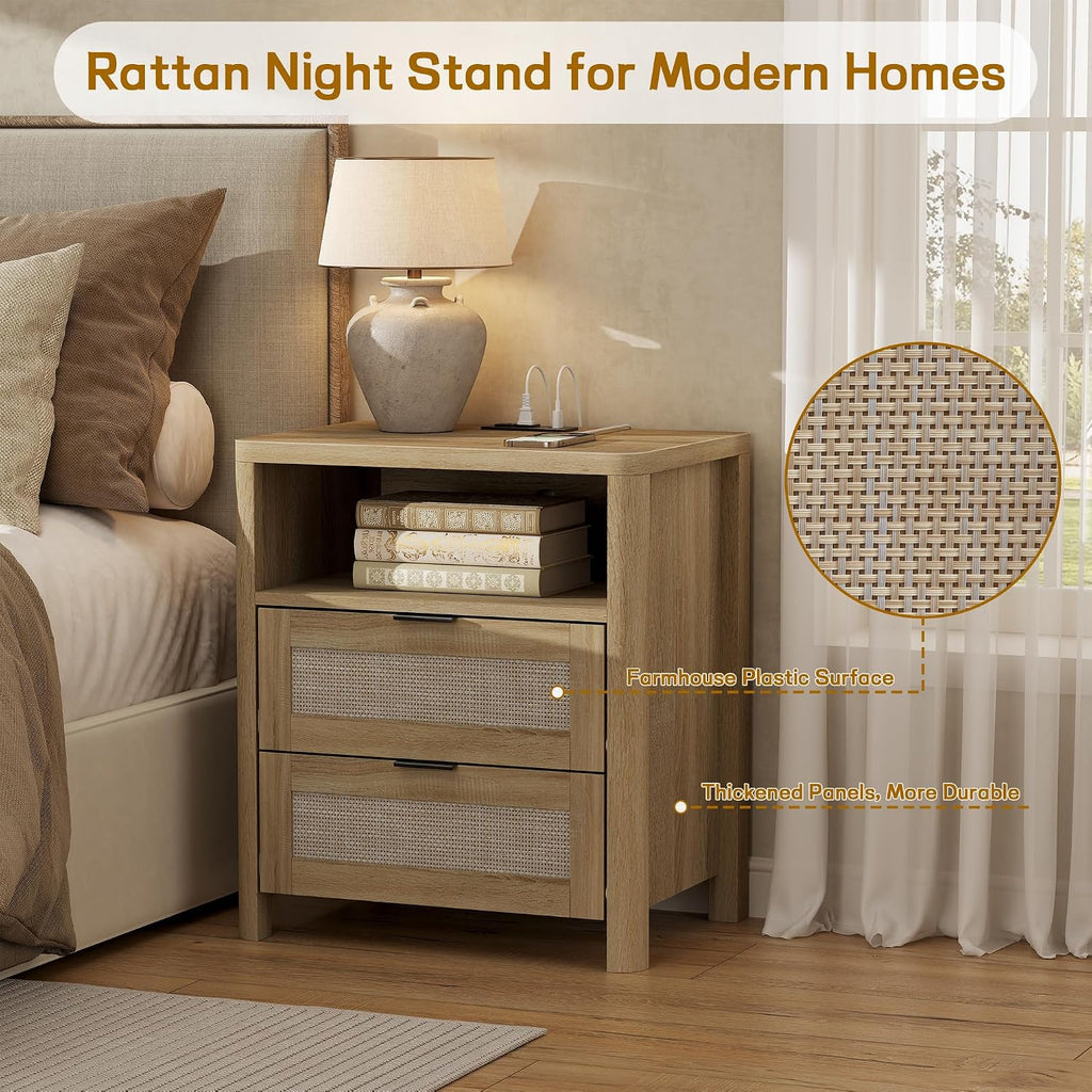 MECHYIN Rattan Nightstand with Charging Station, 23.6' Large Bedside Side Table with Drawer, Wood End Table with Storage, Mid-Century Modern Furniture Side Table for Bedroom, Living Room
