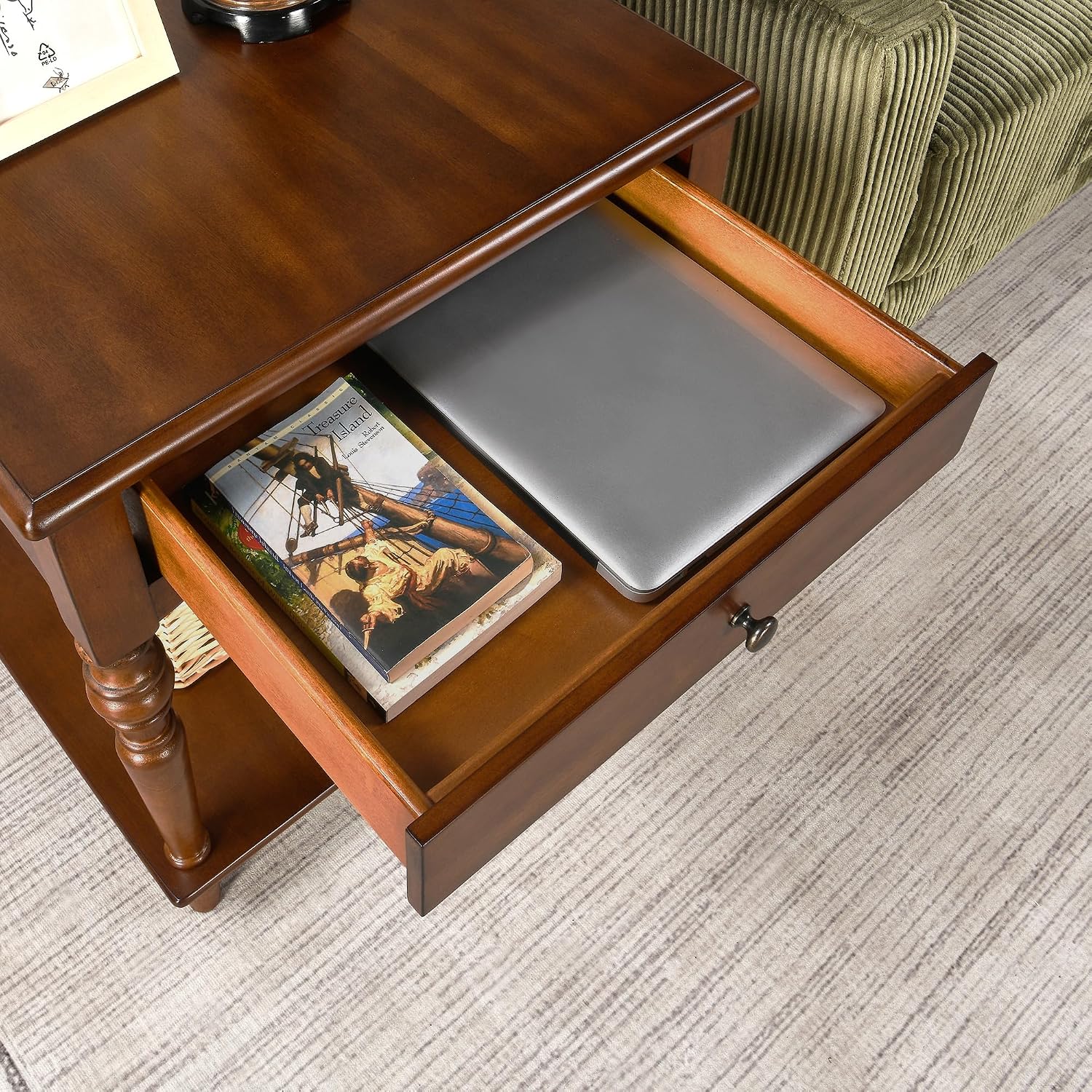 PADMA HOUSE Solid Wood End Table with Drawer & Storage Shelf, 24' H Square Sofa Side Table with Natural Wood Grain Tabletop, Apartment Bedside Table with Turned Legs for Home Office, 22.83 * 24in