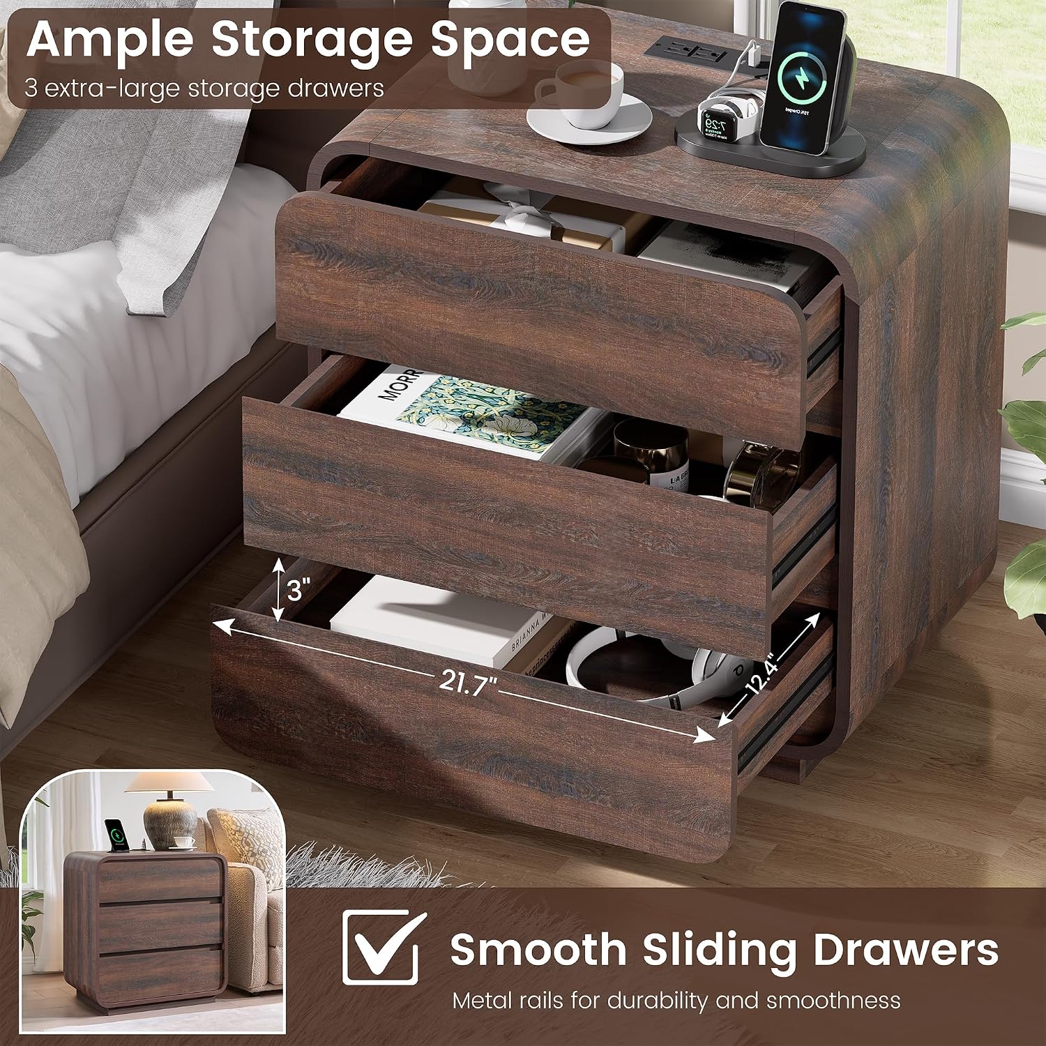 Standifurno Walnut 3 Drawers Nightstand, 25' Tall Wooden Bedside Table with Charging Station, Large Side Table Curved Profile, Handleless, Large End Table Night Stand for Bedroom, Office