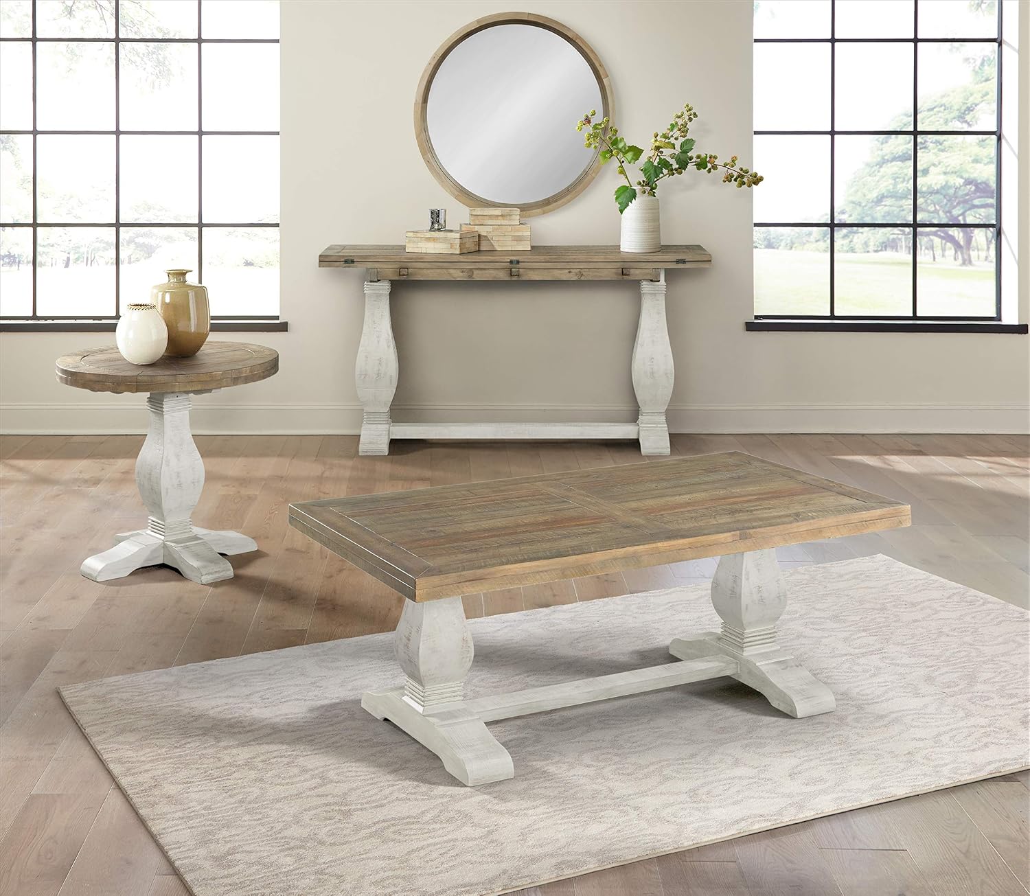 Napa Solid Wood Farmhouse Rustic Reclaimed Natural and White Stain Round End Side Accent Living Room Table, Nightstand Bedside 26' W x 26' D x 25' H