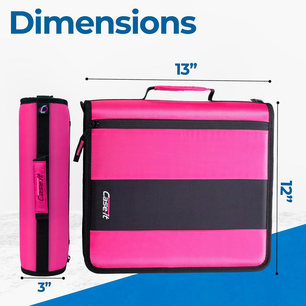 Case-it Classic Zipper Binder | 2-Inch O-Rings, 350 Sheet Capacity, Multiple Storage Pockets & Shoulder Strap | School & Office Organizer | D-251 Magenta | 6 Pack