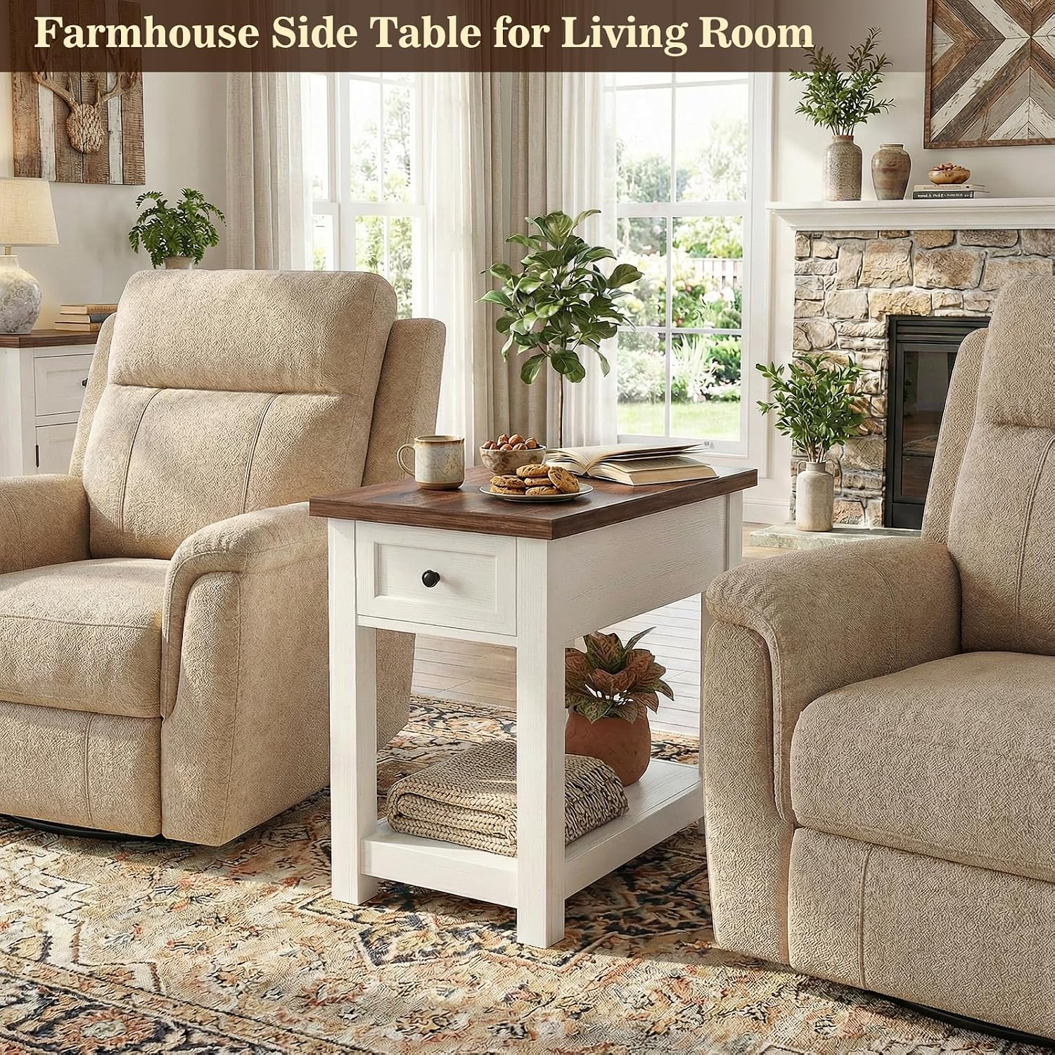 Narrow End Table Set of 2 with Charging Station - Farmhouse Side Tables with Drawer, 14' Wood Nightstands Set of 2 for Bedroom Living Room, Slim Couch Bedside Table Small Spaces, Antique White & Brown