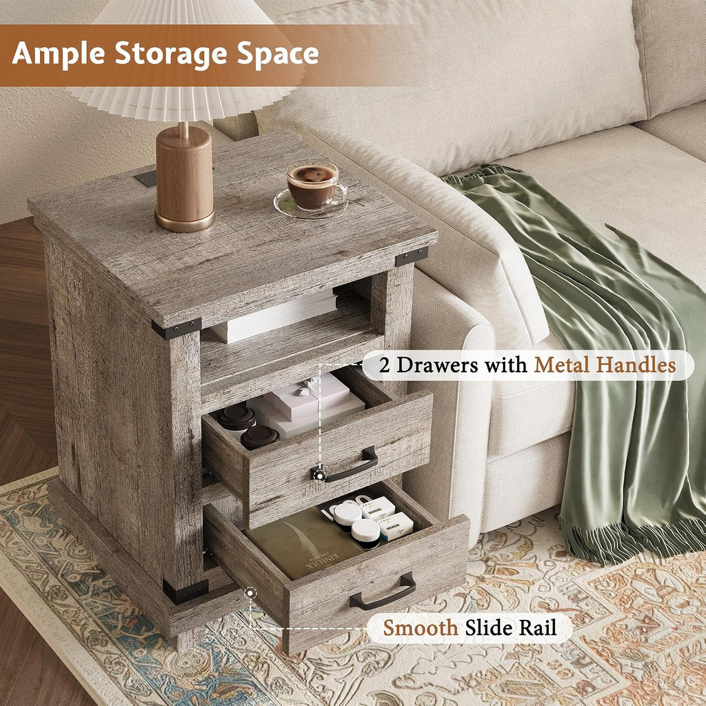 AMERLIFE Farmhouse End Table Set of 2, 18' Wood Night Stand with Charging Station & 2 Storage Drawers, Heavy Duty Bedside Nightstands for Bedroom, Living Room, Light Grey