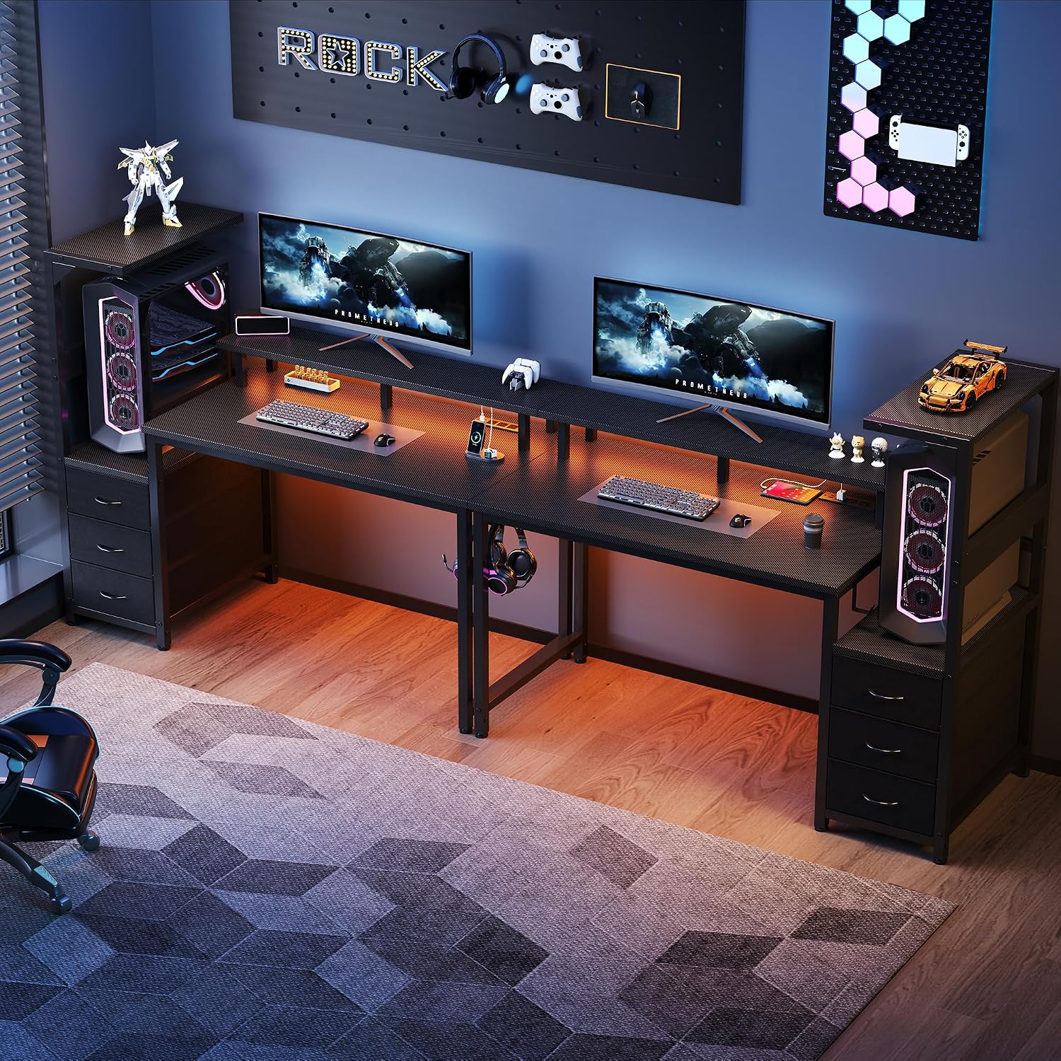 NEWBULIG Computer Gaming Desk with USB Charging Ports & LED Light, 52inch Home Office Desk with Storage Shelves & Monitor Stand, Work Study Corner Table with Drawer, Carbon Fiber Black