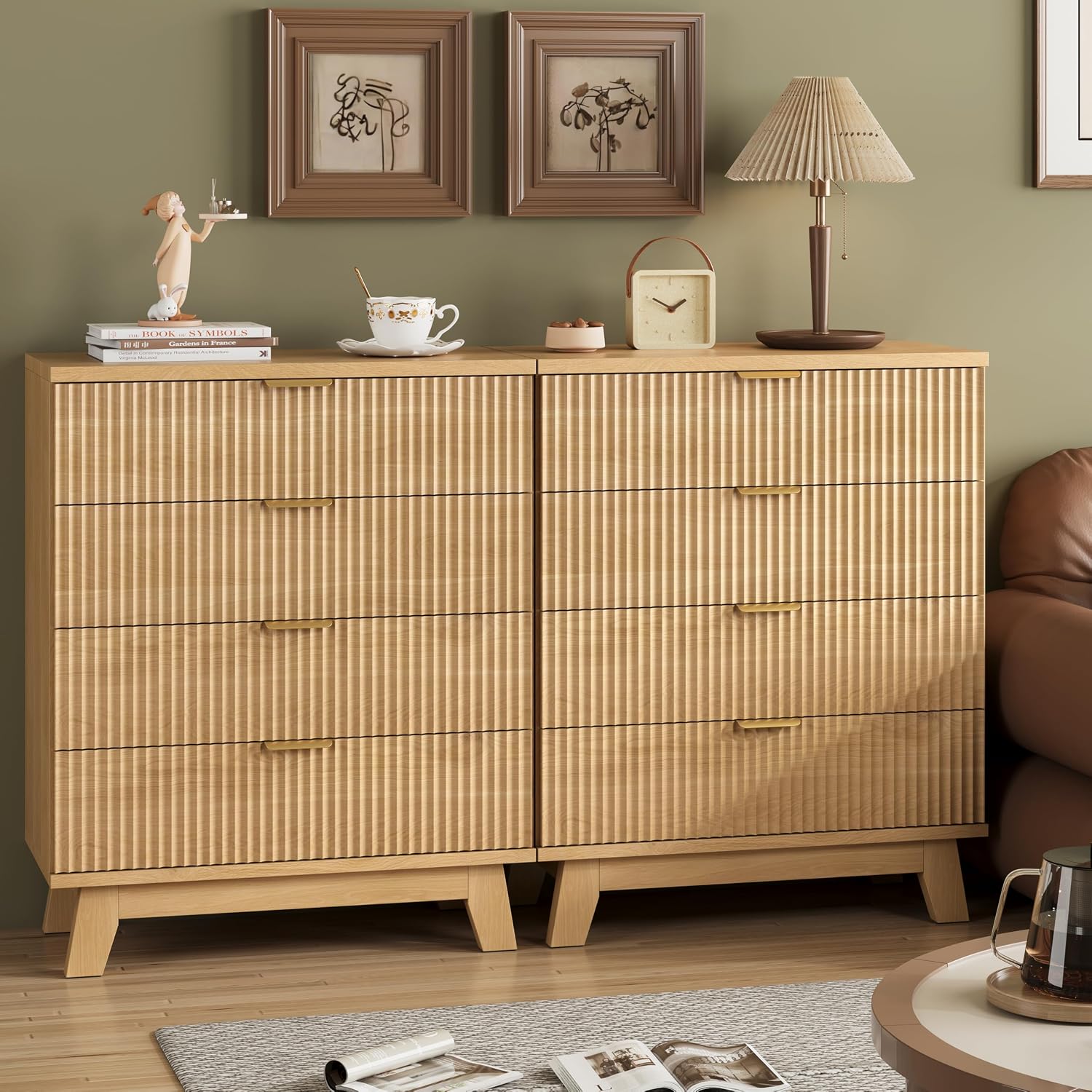 Fluted Nightstand, 31.5' Wide Side Table with 4 Large Storage Drawers, Mid Century Modern Wood Night Stand with Metal Handle, Wooden Bedside End Table for Bedroom, Living Room, Closet, Natural Oak