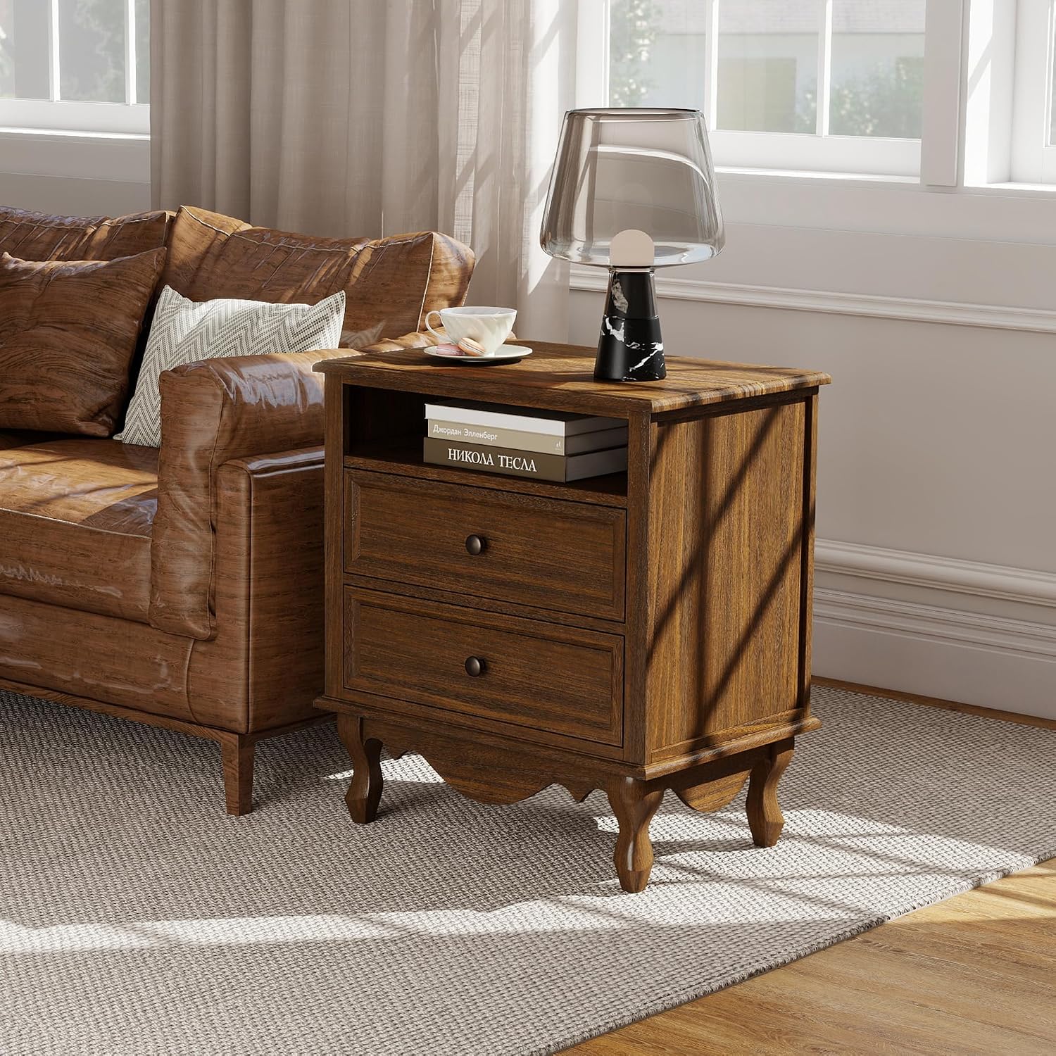 Solid Wood Nightstand, Fully Assembled Night Stand with 2 Drawer & Open Shelf Storage, Bedside Table with Charging Station, Mid-Century Modern End Table for Bedroom, Walnut