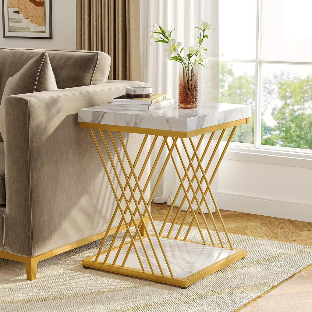 Tribesigns Square White Gold Side Table Set of 2, 2-Tier End Table Modern Bedside Tables Small Side Table with Storage for Couch, Chairside Tables with Metal Frame for Living Room