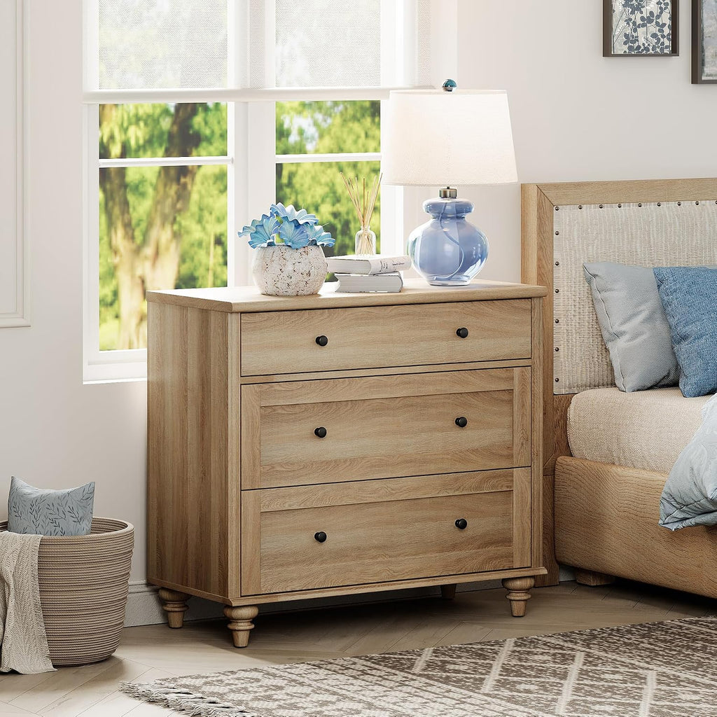 WAMPAT Farmhouse Nightstand with 3 Drawers, Large Wood Bedside Table Night Stand, Wide Sofa Side End Table 3 Drawers for Living Room, Bedroom, Oak, 34 inch