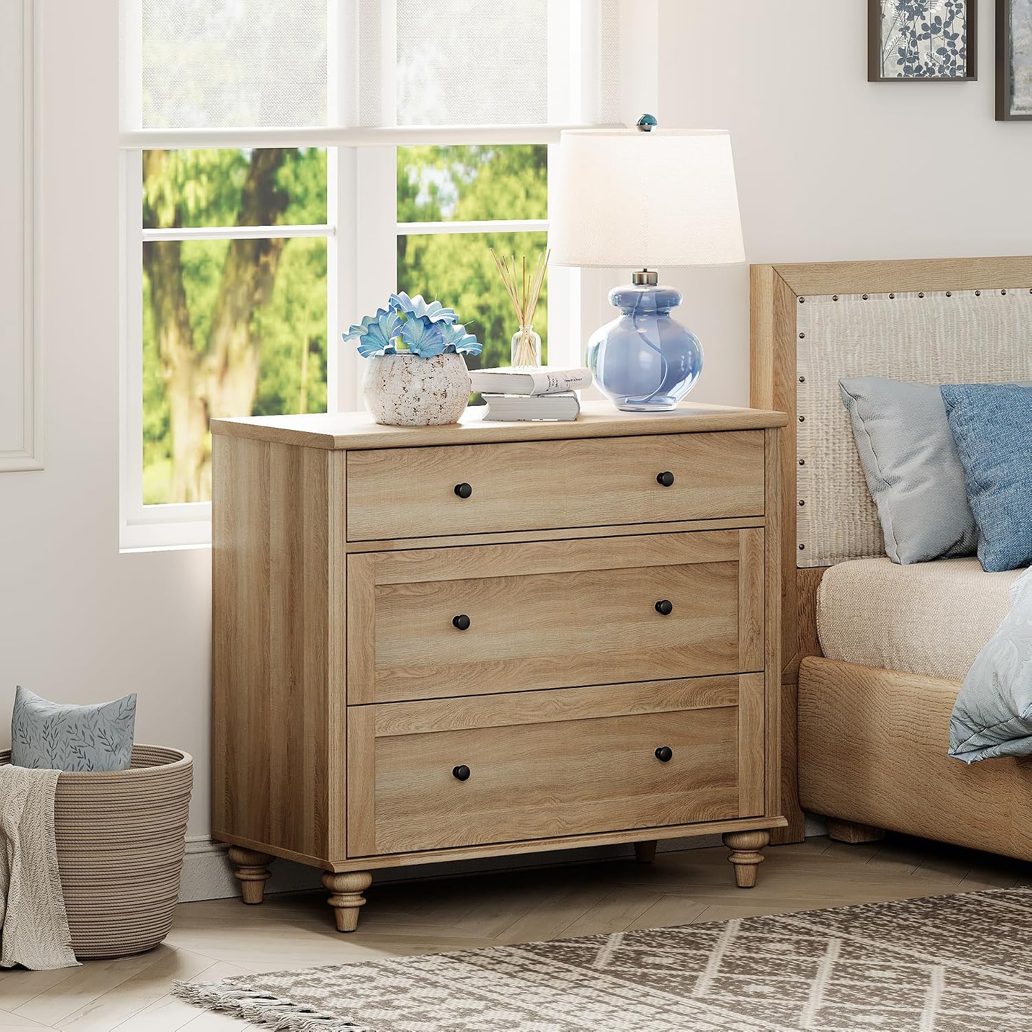 WAMPAT Farmhouse Nightstand with 3 Drawers, Large Wood Bedside Table Night Stand, Wide Sofa Side End Table 3 Drawers for Living Room, Bedroom, Oak, 34 inch