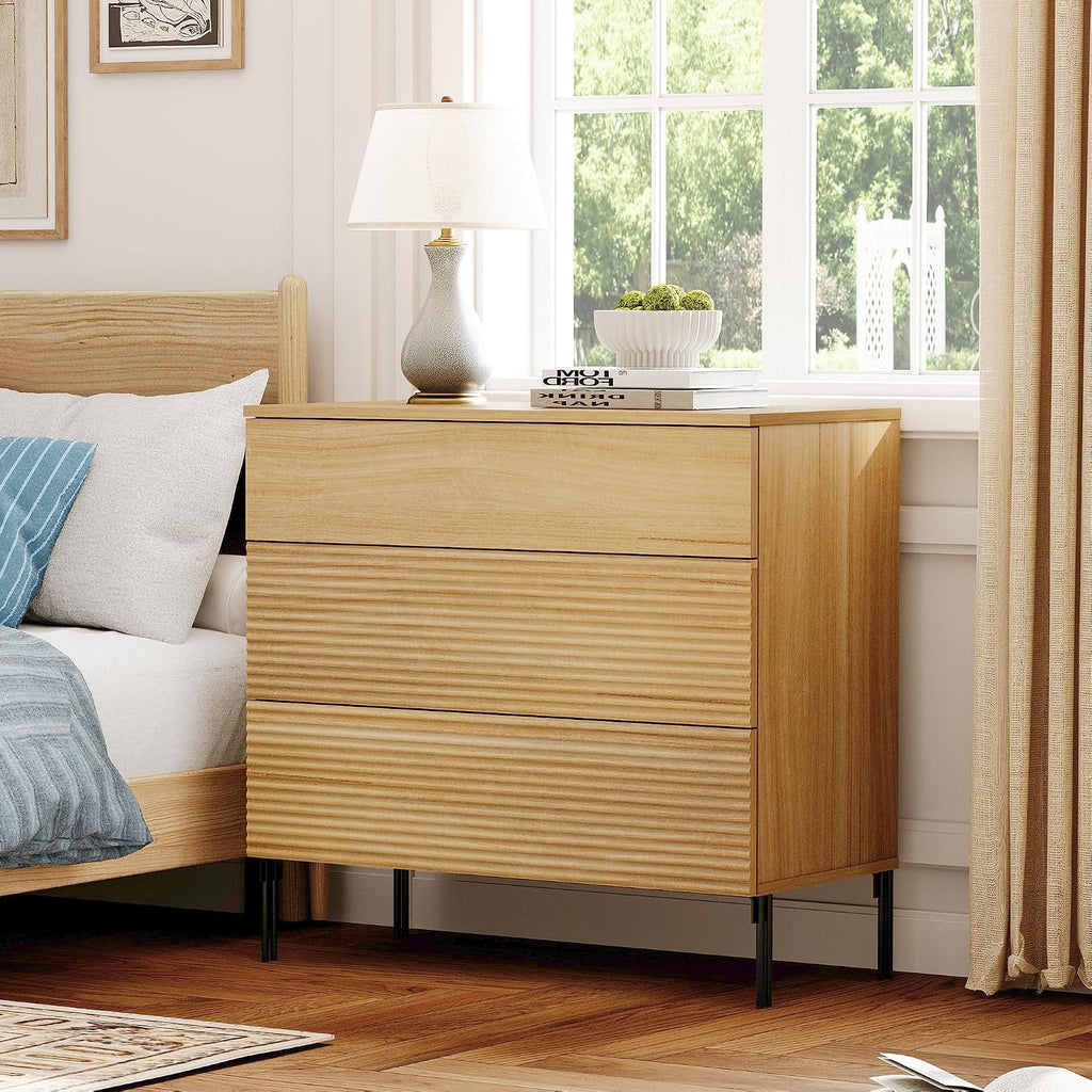 WAMPAT 30.2' Tall Fluted Nightstands Set of 2 with 3 Large Drawers, Mid Century Nightstand End Table with Hidden Handle, Wooden Bedside Table with Storage for Bedroom, Oak