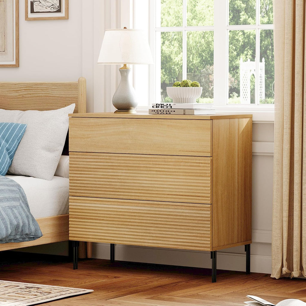 WAMPAT 30.2' Tall Fluted Nightstand with 3 Large Drawers, Mid Century Nightstand End Table with Hidden Handle, Wooden Bedside Table with Storage for Bedroom, Oak