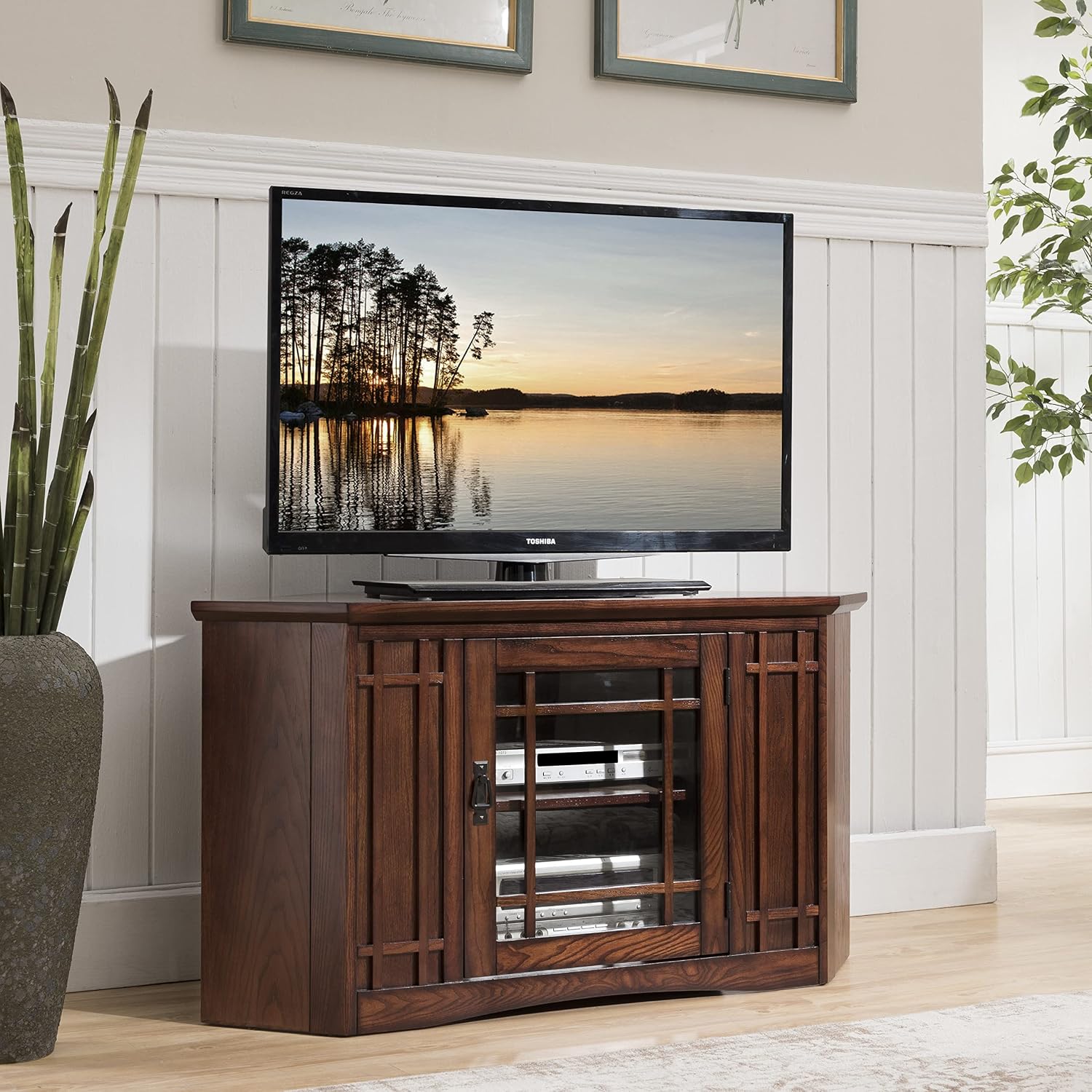 Leick Home 82285 Mission Corner TV Stand Made from Solid Wood, One Door and Adjustable Shelf, for 50' TVs, Mission Oak