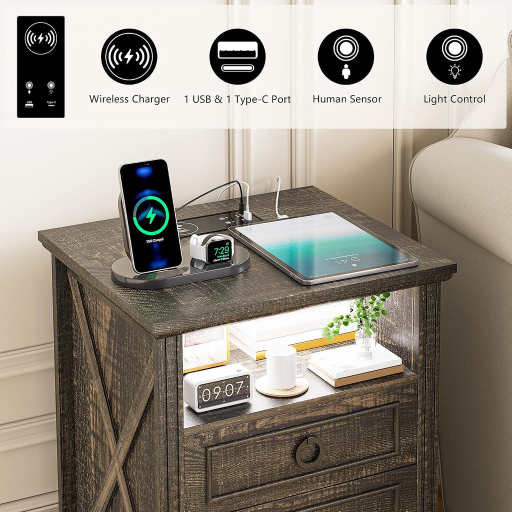 Nightstand Set 2 with Charging Station, Farmhouse End Side Table with 3 Drawers and Open Storage, Smart Bedside Table with LED Light & Human Sensor for Bedroom,Brown,Chest
