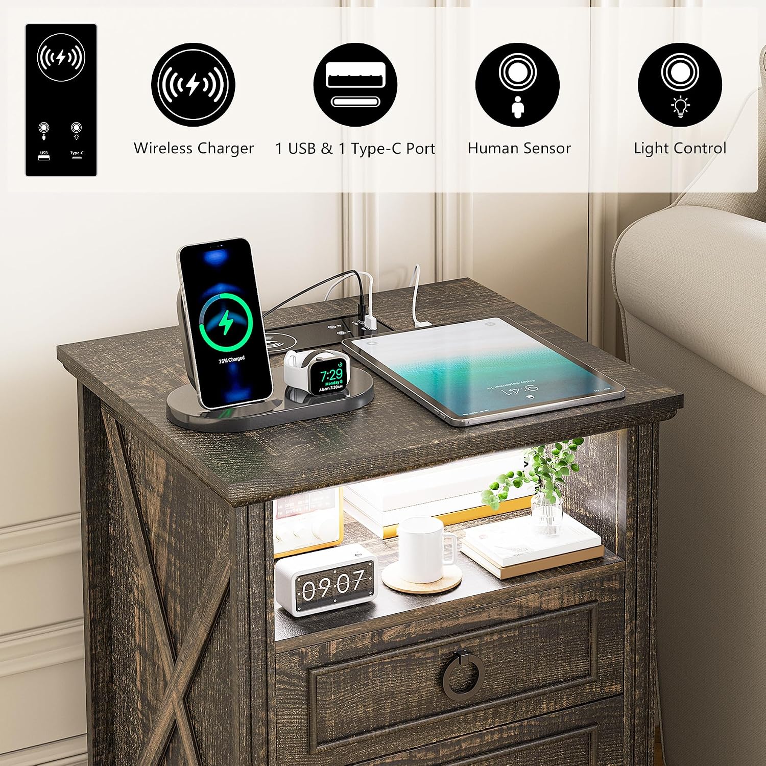 Nightstand Set 2 with Charging Station, Farmhouse End Side Table with 3 Drawers and Open Storage, Smart Bedside Table with LED Light & Human Sensor for Bedroom,Brown,Chest