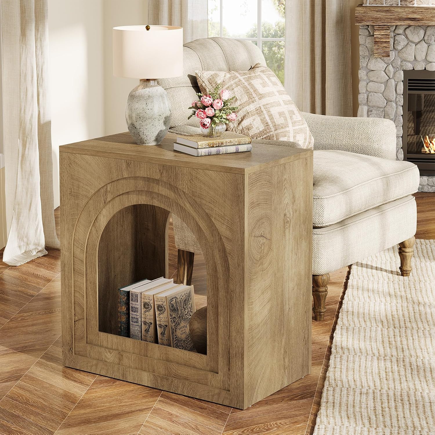 Tribesigns Square End Table, 2-Tier Farmhouse Side Table with Arched Open Shelf, Arched Narrow Nightstand for Small Spaces, Living Room, Bedroom, Natural (2)