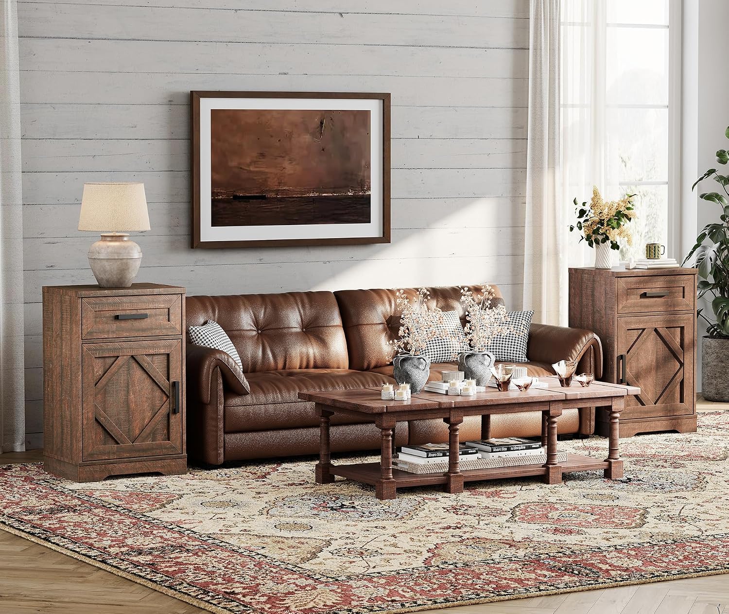 WAMPAT 2 Pack End Table with 1 Drawer & Barn Door, Farmhouse Sofa Side Table, Modern 31.9 inch Tall Nightstand Set of 2 with Adjustable Storage Shelf, Accent Cabinet for Living Room,Rustic Brown