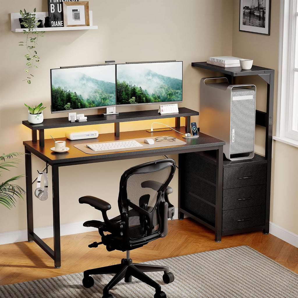 NEWBULIG Computer Gaming Desk with USB Charging Ports & LED Light, 52inch Home Office Desk with Storage Shelves & Monitor Stand, Work Study Corner Table with Drawer, Carbon Fiber Black