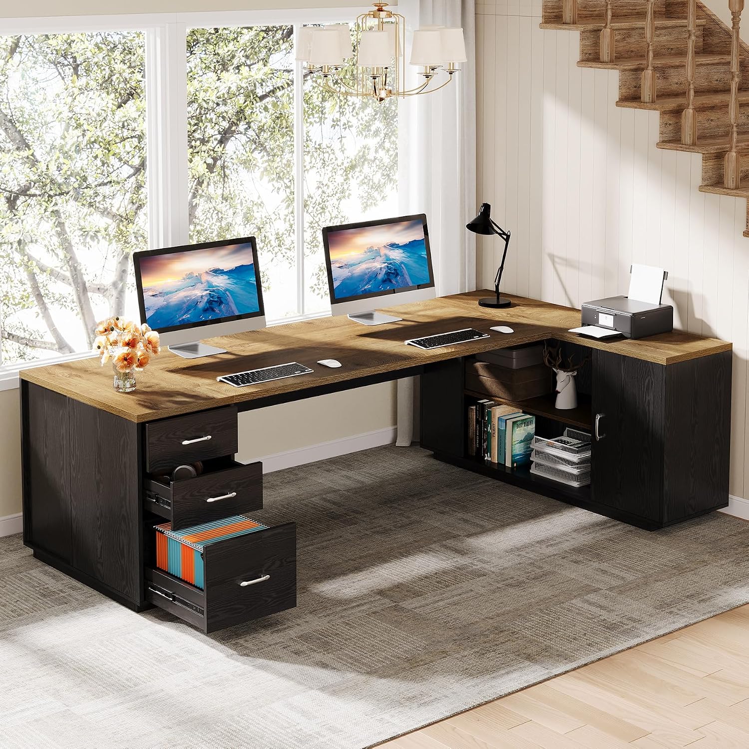 Tribesigns 85.8-Inch L-Shaped Executive Desk, Extra Large Modern Office Desk with File Drawers, Door Cabinet & Shelves, Commercial Office Table, Home Business Workstation, Light Brown & Black