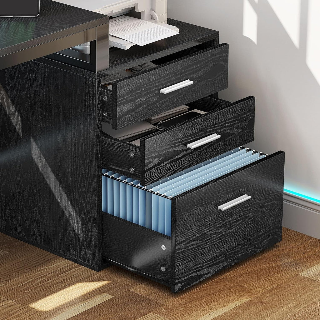 YITAHOME L Shaped Desk with 3 Drawers, 65' Corner Computer Desk with Power Outlets & LED Lights, L-Shaped Desk with File Cabinet & Printer Stand for Home Office, Black