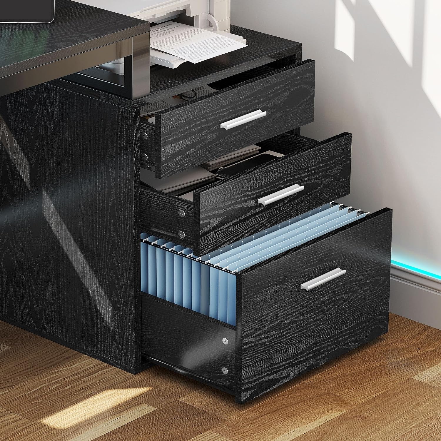 YITAHOME L Shaped Desk with 3 Drawers, 65' Corner Computer Desk with Power Outlets & LED Lights, L-Shaped Desk with File Cabinet & Printer Stand for Home Office, Black