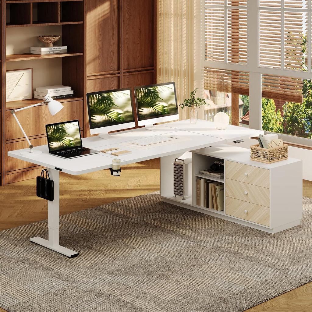 FLEXISPOT L Shaped Standing Desk with Drawers, Large Electric Height Adjustable Executive Desk, Sit Stand Desk for Home Office and Workstation, PC Cabinet (71'x32' White)