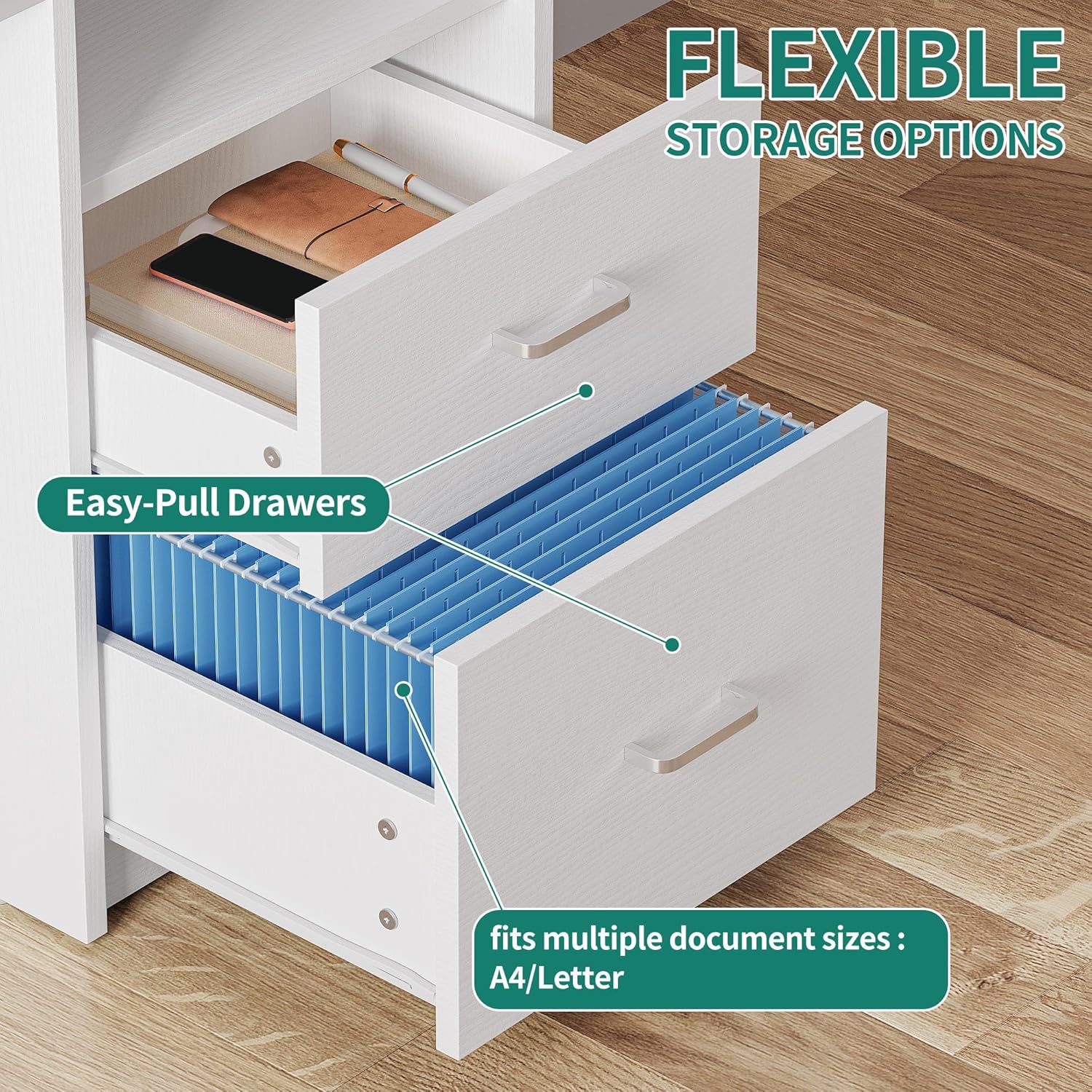YITAHOME Computer Desk with Drawers, 47.2' Office Desk with Power Outlets & LED Light, Home Office Desk with Storage Shelves, White