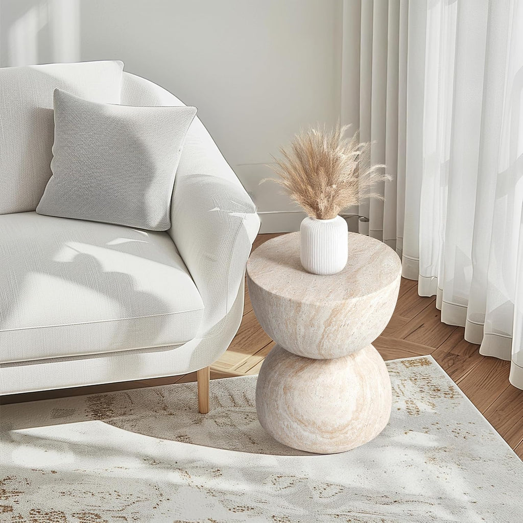 Empire Art Direct Double Hourglass Travertine Stone Finish Italian Design MgO Side Accent Table, Living Room, Bedroom & Office, 15.7x15.7 x18.5