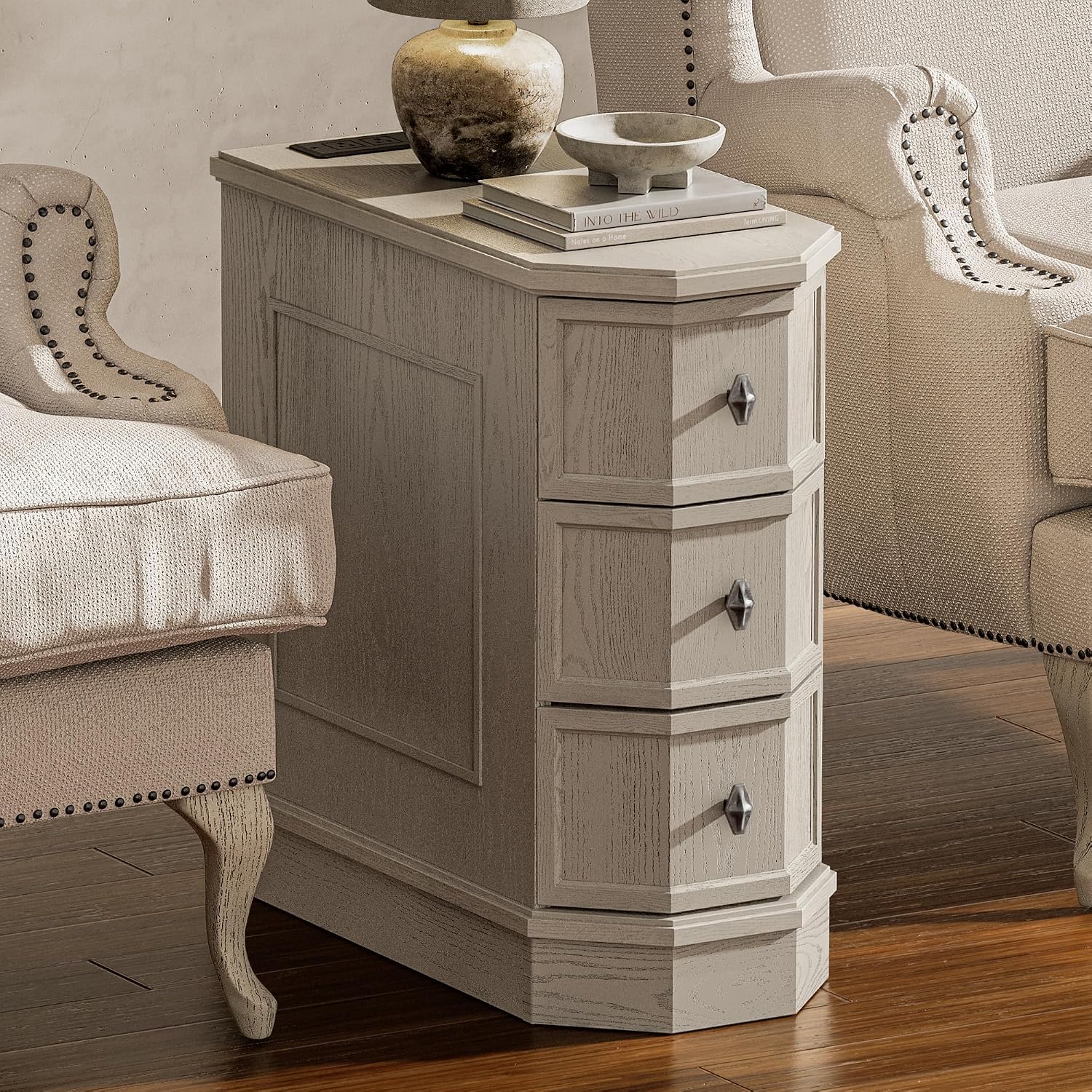 Nightstand Set of 2 with Charging Station, Vintage Wood End Table with 3 Drawer, Victoria Narrow Side Table, Slim Bedside Tables for Bedroom, Pre-Installation, Light Gray